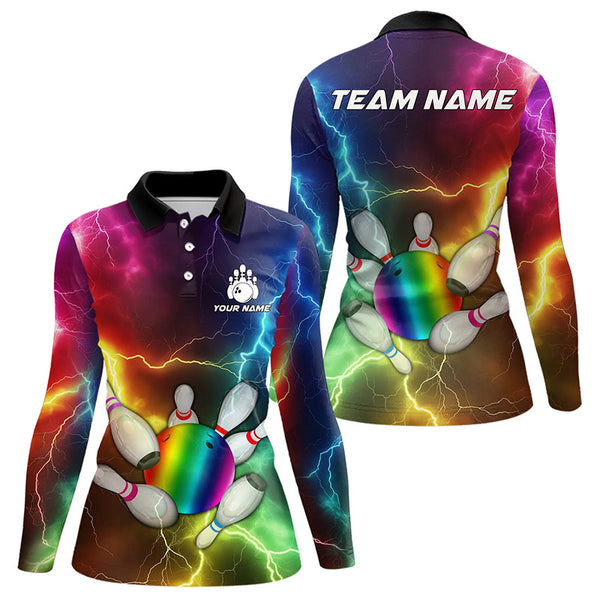 Women Bowling shirt Custom Colorful Rainbow Lightning Thunder Bowling ball and pins Team bowler Jersey NQS9767