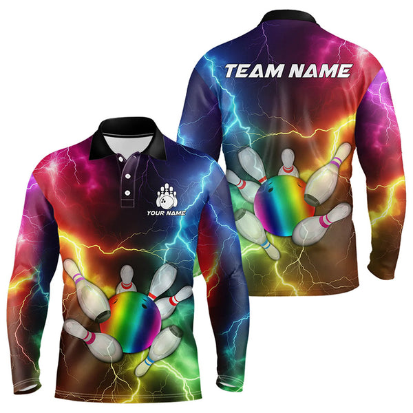 Mens Bowling shirts Custom Colorful Rainbow Lightning Thunder Bowling ball and pins Team bowler Jersey NQS9767
