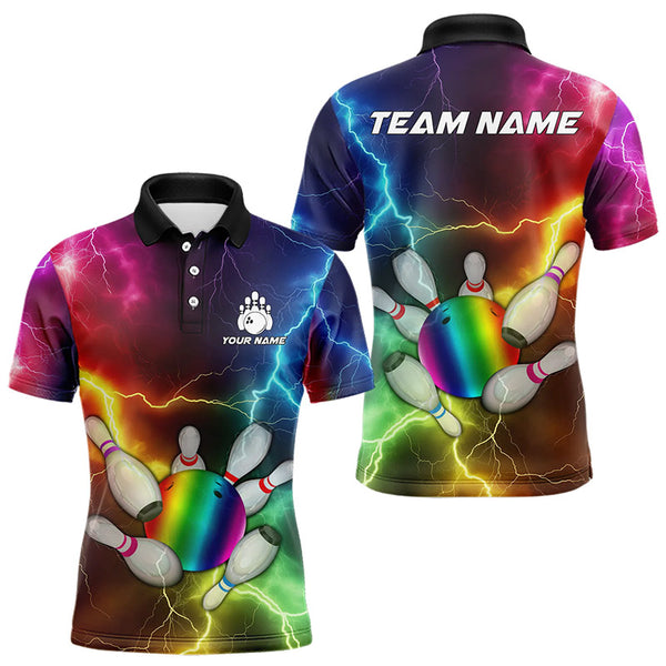 Mens Bowling shirts Custom Colorful Rainbow Lightning Thunder Bowling ball and pins Team bowler Jersey NQS9767