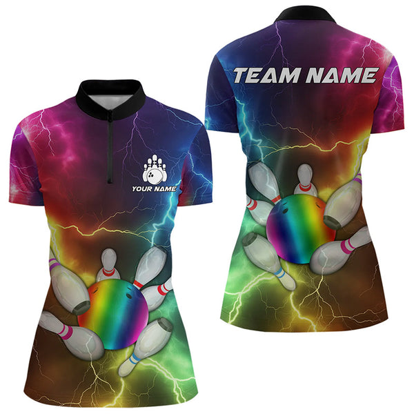 Women Bowling shirt Custom Colorful Rainbow Lightning Thunder Bowling ball and pins Team bowler Jersey NQS9767