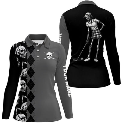 Black skull argyle pattern custom Women golf polo shirts, women's golf tops NQS7681