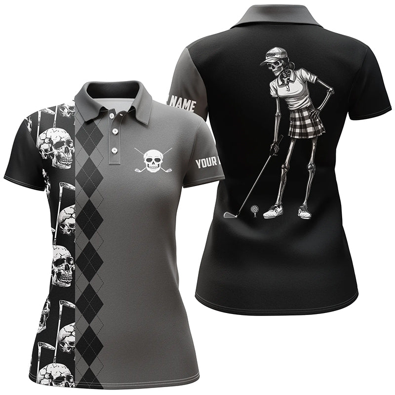 Black skull argyle pattern custom Women golf polo shirts, women's golf tops NQS7681