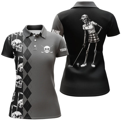 Black skull argyle pattern custom Women golf polo shirts, women's golf tops NQS7681