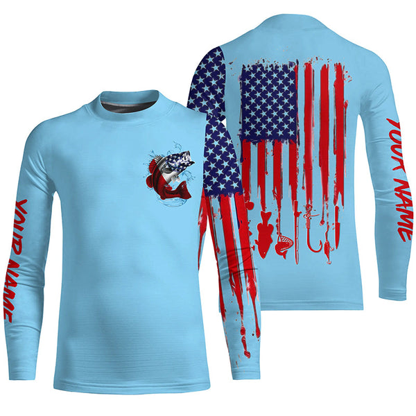 American flag Largemouth Bass fishing personalized patriotic UV Protection Fishing Shirts | Light Blue NQS5819