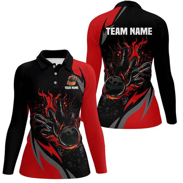 Custom Black And Red Flame Bowling Shirts For Women, Bowling Ball and Pins Team Bowling League Jerseys NQS8346