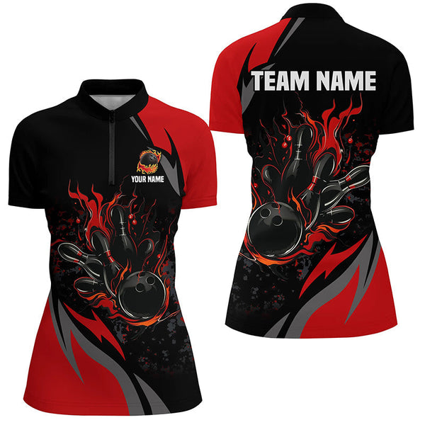 Custom Black And Red Flame Bowling Shirts For Women, Bowling Ball and Pins Team Bowling League Jerseys NQS8346