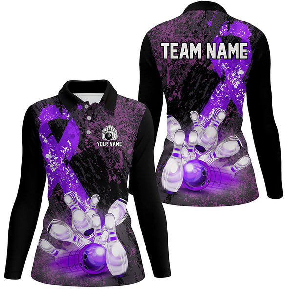 Personalized Purple Ribbons Grunge Bowling Shirts For Women, Custom breast cancer bowling Team shirts NQS8353