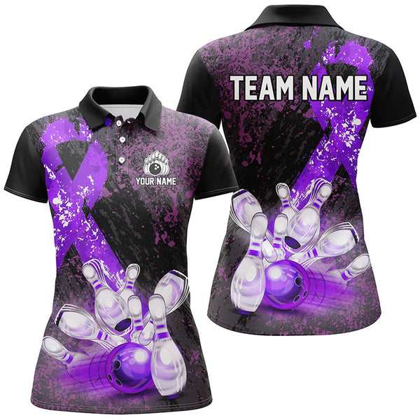 Personalized Purple Ribbons Grunge Bowling Shirts For Women, Custom breast cancer bowling Team shirts NQS8353