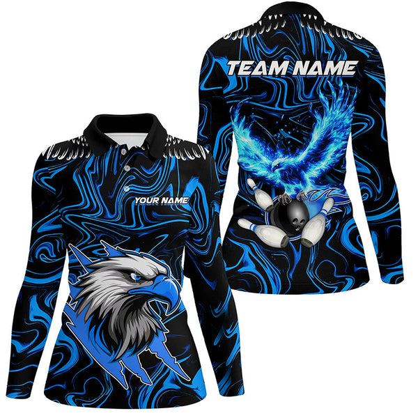 Black and blue camo Flame Eagle Bowling Polo, Quarter Zip shirts for Women custom Bowling Team Jerseys NQS8559