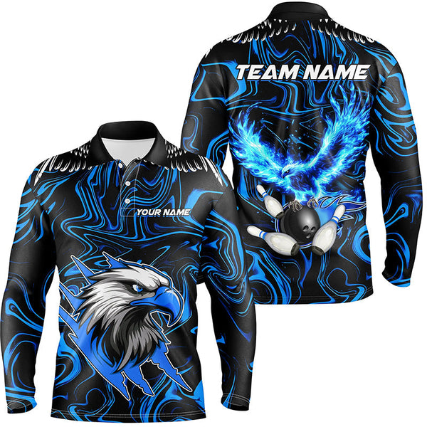 Black and blue camo Flame Eagle Bowling Polo, Quarter Zip shirts for men custom Bowling Team Jerseys NQS8559