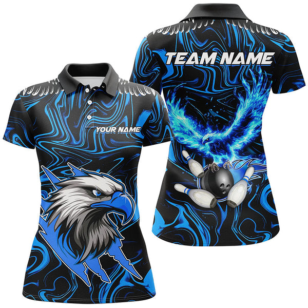 Black and blue camo Flame Eagle Bowling Polo, Quarter Zip shirts for Women custom Bowling Team Jerseys NQS8559