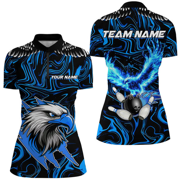 Black and blue camo Flame Eagle Bowling Polo, Quarter Zip shirts for Women custom Bowling Team Jerseys NQS8559