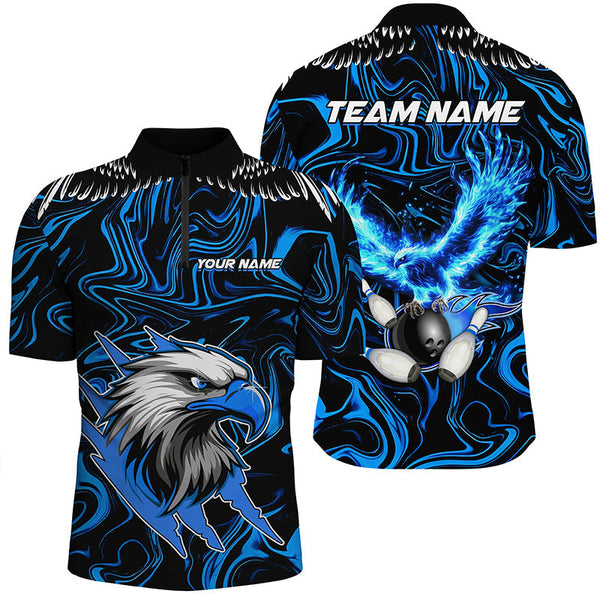 Black and blue camo Flame Eagle Bowling Polo, Quarter Zip shirts for men custom Bowling Team Jerseys NQS8559