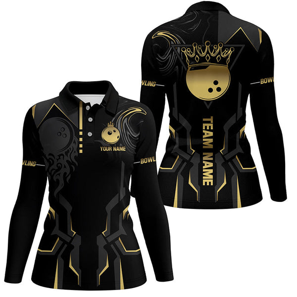 Black and gold Bowling Polo, Quarter Zip Shirts For Women Custom Bowling King Team Jerseys Outfits NQS8564