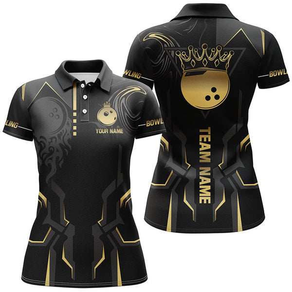 Black and gold Bowling Polo, Quarter Zip Shirts For Women Custom Bowling King Team Jerseys Outfits NQS8564