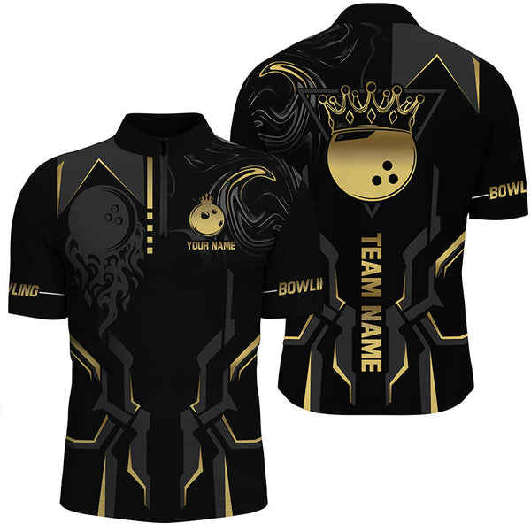 Black and gold Bowling Polo, Quarter Zip Shirts For Men Custom Bowling King Team Jerseys Outfits NQS8564