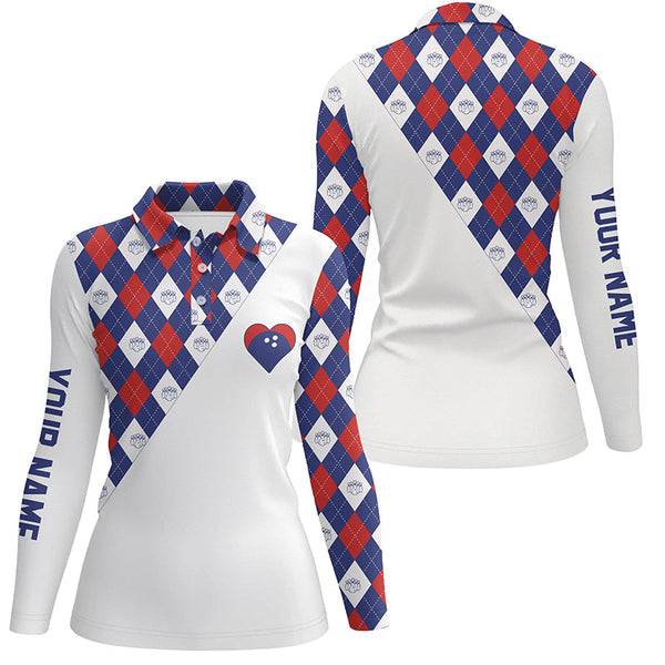 Personalized red white and blue argyle pattern polo bowling shirts for women, bowling heart jerseys NQS6710