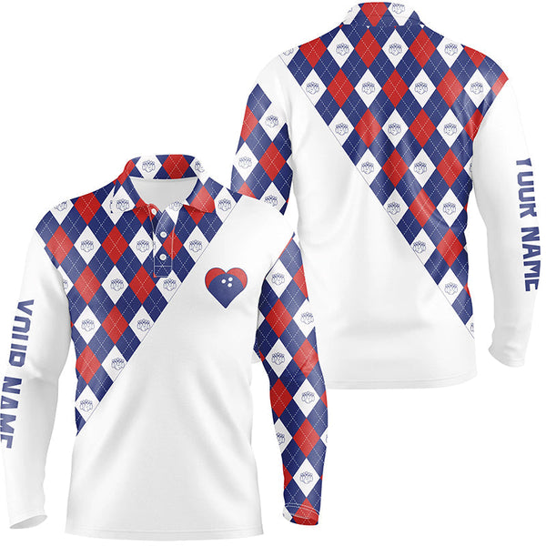 Personalized red white and blue argyle pattern bowling polo shirt for men, custom bowling heart jersey NQS6710
