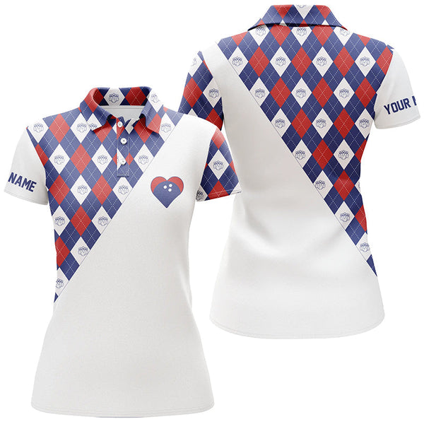 Personalized red white and blue argyle pattern polo bowling shirts for women, bowling heart jerseys NQS6710