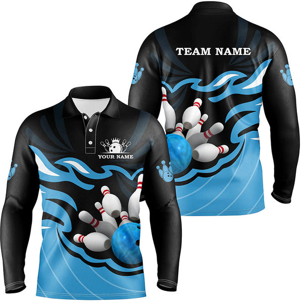 Black and Blue Mens polo, quarter zip bowling shirt Custom bowling ball pins team league jerseys NQS8798