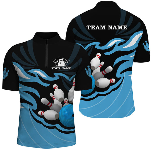 Black and Blue Mens polo, quarter zip bowling shirt Custom bowling ball pins team league jerseys NQS8798