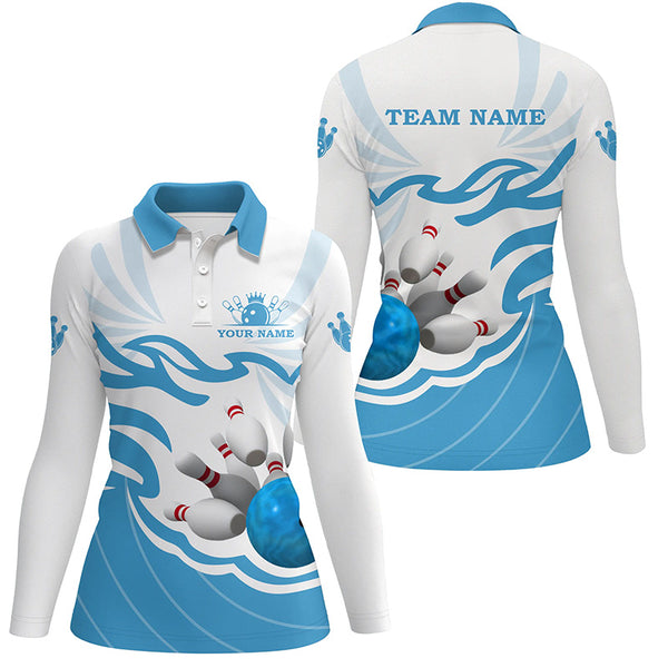 White and Blue Women polo, quarter zip bowling shirt Custom bowling ball pins team league jerseys NQS8799