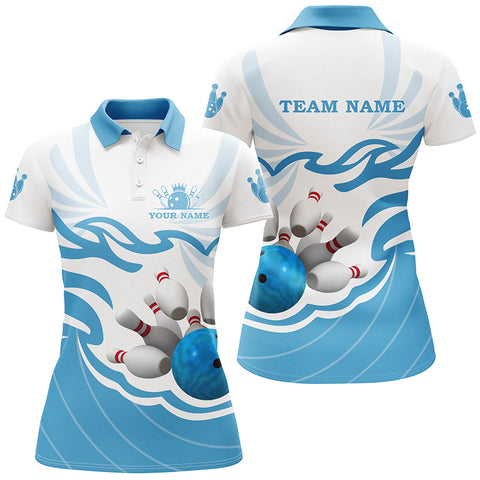 White and Blue Women polo, quarter zip bowling shirt Custom bowling ball pins team league jerseys NQS8799