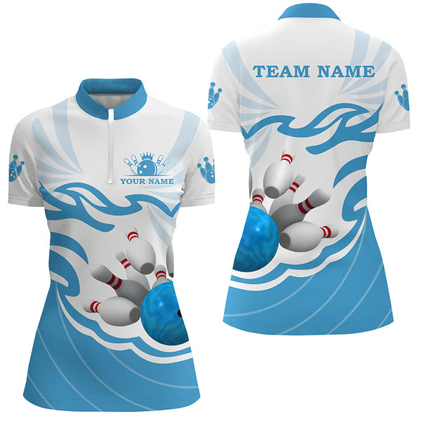 White and Blue Women polo, quarter zip bowling shirt Custom bowling ball pins team league jerseys NQS8799