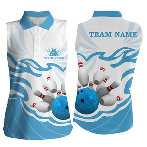 White and Blue Womens sleeveless polo bowling shirt Custom bowling ball pins team league jerseys NQS8799