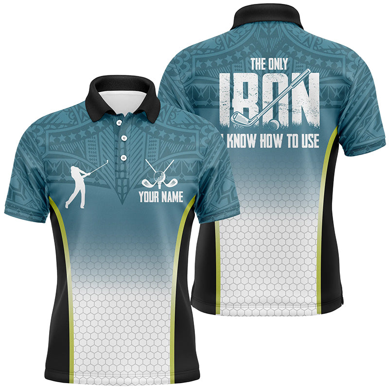 Blue tribal pattern Mens golf polo shirts custom The only iron I know how to use mens golf attire NQS6907