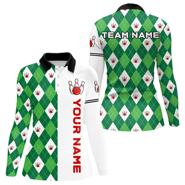 Personalized White and Green argyle pattern Bowling Shirts For Women custom Bowling Team Jerseys NQS9047