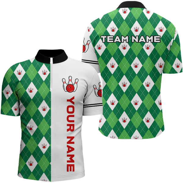 Personalized White and Green argyle pattern Bowling Shirts For Men custom Bowling Team Jerseys NQS9047