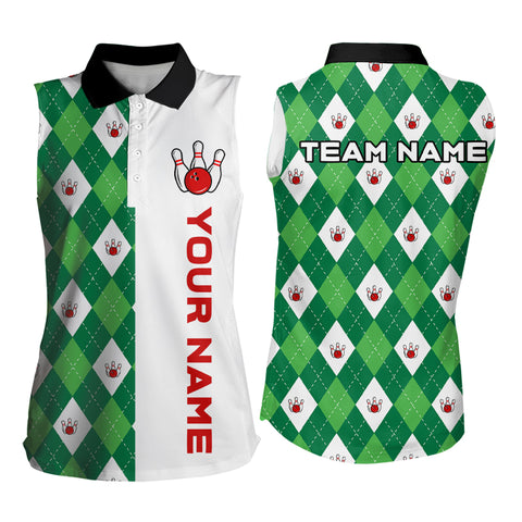 Personalized White and Green argyle pattern Bowling Sleeveless Polo Shirt custom Bowling Team Jerseys NQS9047