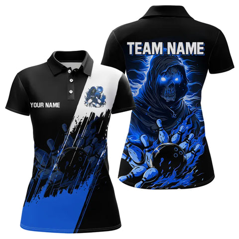 Black and Blue Skull reaper bowling jerseys Polo, 1/4 Zip Shirt for Women Custom Bowling Team shirts NQS9278