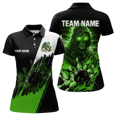 Black and Green Skull reaper bowling jerseys Polo, 1/4 Zip Shirt for Women Custom Bowling Team shirts NQS9279