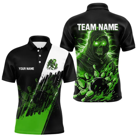 Black and Green Skull reaper bowling jerseys Polo, 1/4 Zip Shirt for Men Custom Bowling Team shirts NQS9279