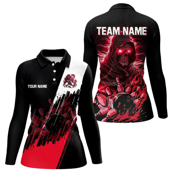 Black and Red Skull reaper bowling jerseys Polo, 1/4 Zip Shirt for Women Custom Bowling Team shirts NQS9280