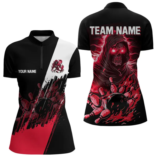 Black and Red Skull reaper bowling jerseys Polo, 1/4 Zip Shirt for Women Custom Bowling Team shirts NQS9280