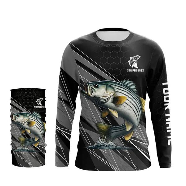 Personalized Black camo Striped Bass Fishing Jerseys, Striper Long Sleeve Fishing Tournament Shirts NQS9282