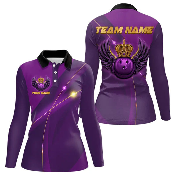 Purple and Gold Crown Bowling ball wings Bowling Shirts For Women Custom Ladies Bowling Team Outfits NQS9445