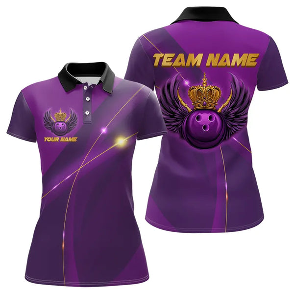 Purple and Gold Crown Bowling ball wings Bowling Shirts For Women Custom Ladies Bowling Team Outfits NQS9445