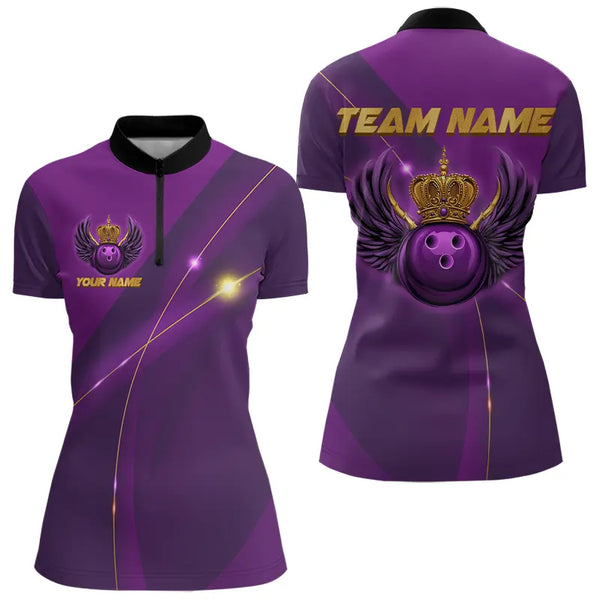 Purple and Gold Crown Bowling ball wings Bowling Shirts For Women Custom Ladies Bowling Team Outfits NQS9445