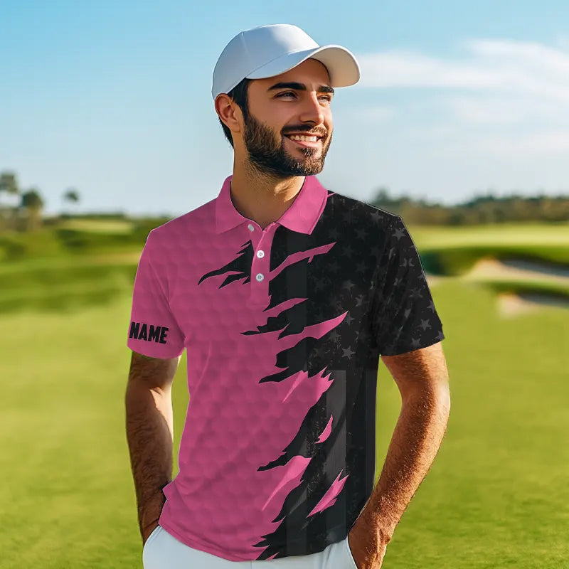 Personalized Mens golf polos shirts custom pink golf ball skin black American flag mens golf apparel NQS9775