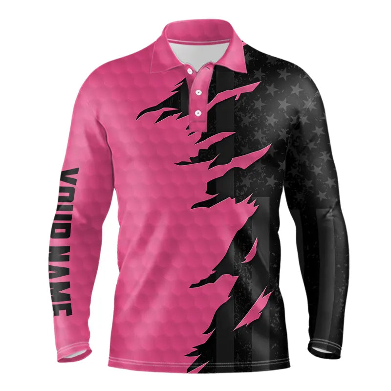 Personalized Mens golf polos shirts custom pink golf ball skin black American flag mens golf apparel NQS9775
