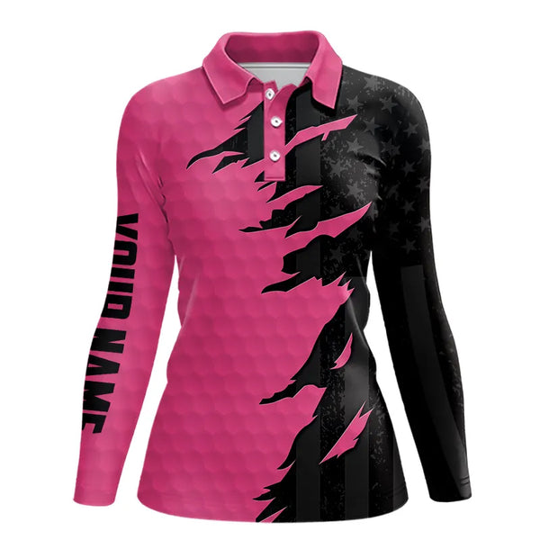 Personalized Womens golf polos shirt custom pink golf shirts black American flag ladies golf apparel NQS9775