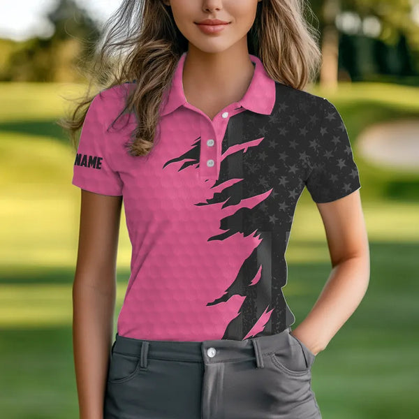 Personalized Womens golf polos shirt custom pink golf shirts black American flag ladies golf apparel NQS9775