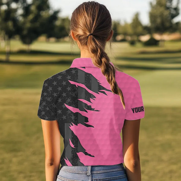Personalized Womens golf polos shirt custom pink golf shirts black American flag ladies golf apparel NQS9775