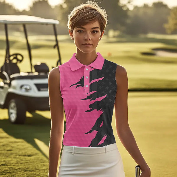 Womens sleeveless golf polos shirts pink golf ball skin black American flag ladies golf apparel NQS9775