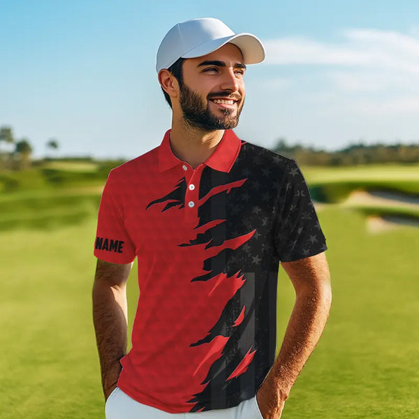 Personalized Mens golf polos shirts custom red golf ball skin black American flag mens golf apparel NQS9776