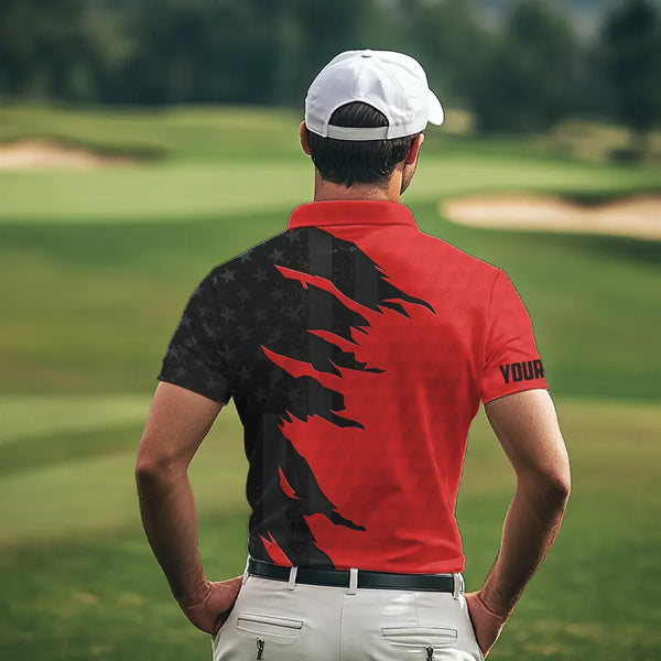 Personalized Mens golf polos shirts custom red golf ball skin black American flag mens golf apparel NQS9776